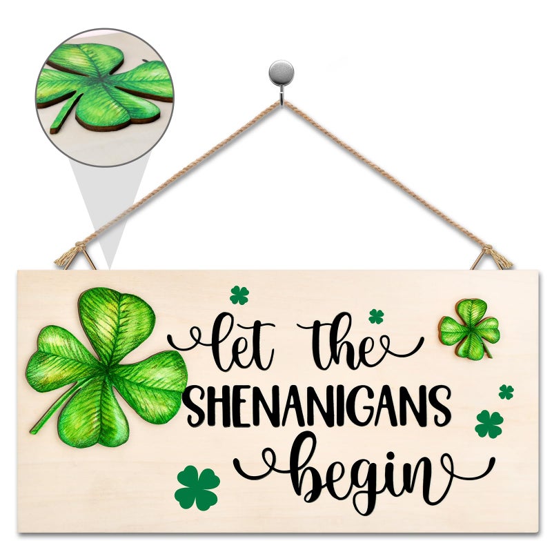 OEAGO St Patricks Day Decorations Wood Sign with Two 3D Leaves Let the Shenanigans Begin Hanging Wooden Decor Lucky Shamrock Signs for Outdoor Home Door Rustic Farmhouse Party Indoor Wall Art Plaque Gift - Image 1