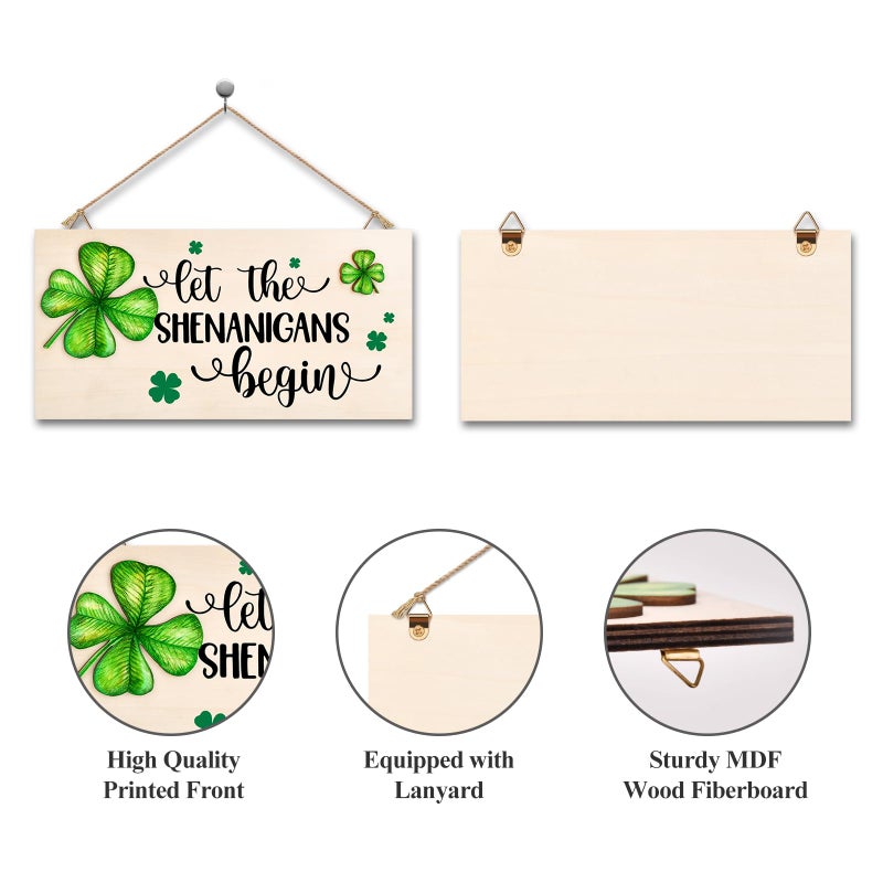 OEAGO St Patricks Day Decorations Wood Sign with Two 3D Leaves Let the Shenanigans Begin Hanging Wooden Decor Lucky Shamrock Signs for Outdoor Home Door Rustic Farmhouse Party Indoor Wall Art Plaque Gift - Image 4