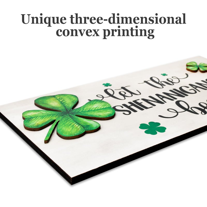 OEAGO St Patricks Day Decorations Wood Sign with Two 3D Leaves Let the Shenanigans Begin Hanging Wooden Decor Lucky Shamrock Signs for Outdoor Home Door Rustic Farmhouse Party Indoor Wall Art Plaque Gift - Image 3