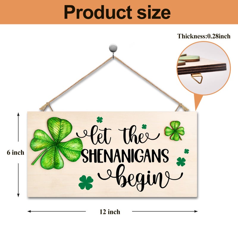 OEAGO St Patricks Day Decorations Wood Sign with Two 3D Leaves Let the Shenanigans Begin Hanging Wooden Decor Lucky Shamrock Signs for Outdoor Home Door Rustic Farmhouse Party Indoor Wall Art Plaque Gift - Image 2