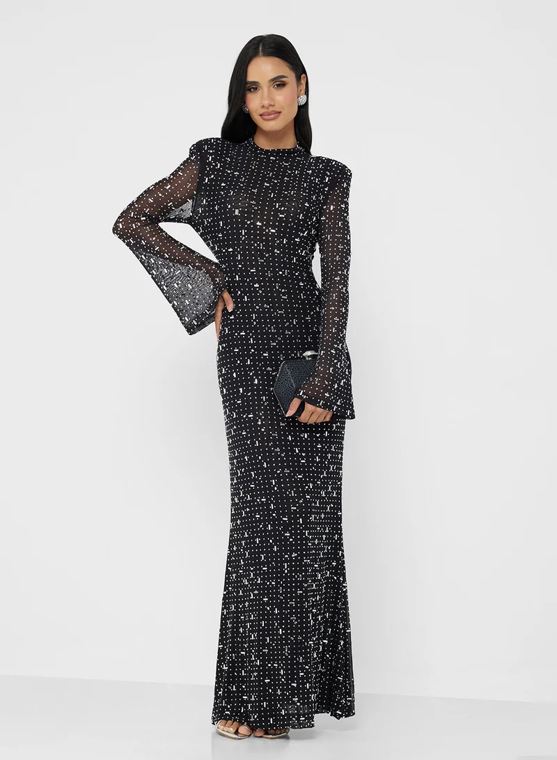 جينجر بوتيك Mock Neck Bead Embellished Evening Gown