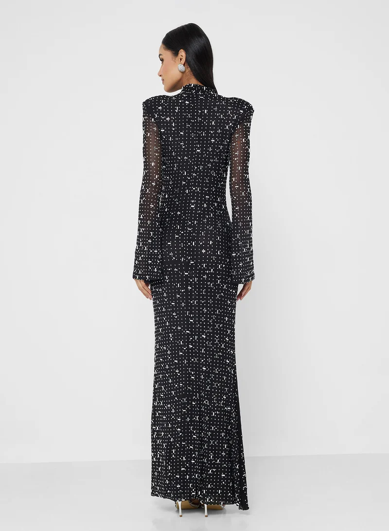 جينجر بوتيك Mock Neck Bead Embellished Evening Gown
