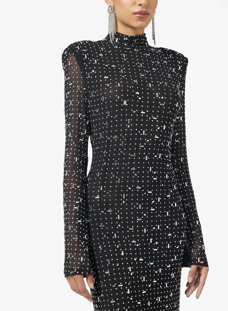 Ginger Boutique Mock Neck Bead Embellished Evening Gown