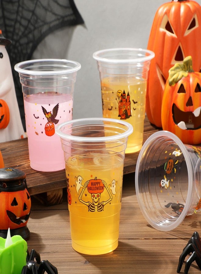 Eaasty أكواب بلاستيكية قابلة للتصرف 100 قطعة سعة 12 أونصة بتصميم هالوين العتيق - أكواب ساحرة، قطة، قرع، شبح، بومة، هيكل عظمي للمشروبات، الآيس كريم، الوجبات الخفيفة، مستلزمات الحفلات، الزينة - Image 2