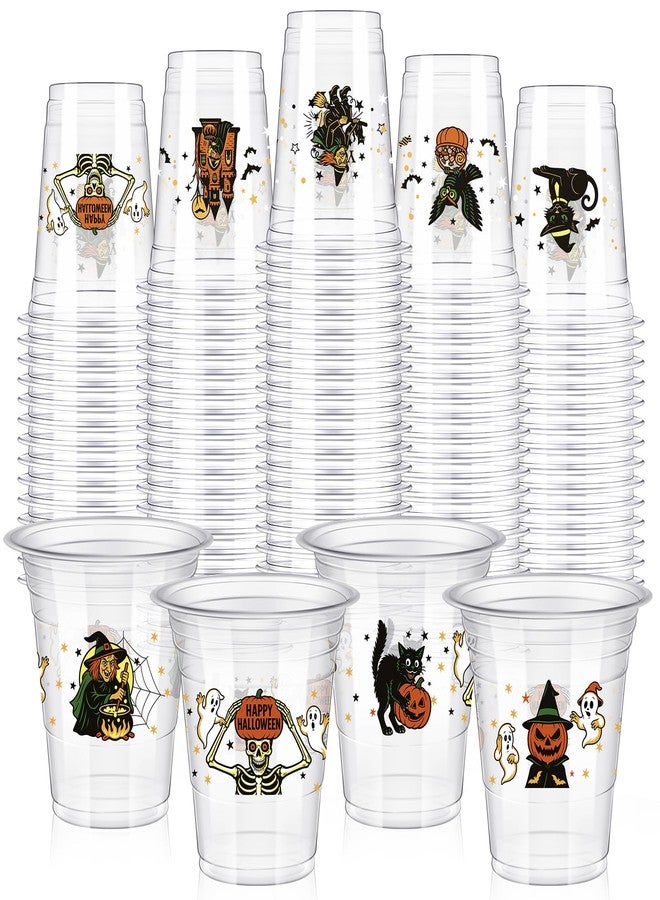 Eaasty أكواب بلاستيكية قابلة للتصرف 100 قطعة سعة 12 أونصة بتصميم هالوين العتيق - أكواب ساحرة، قطة، قرع، شبح، بومة، هيكل عظمي للمشروبات، الآيس كريم، الوجبات الخفيفة، مستلزمات الحفلات، الزينة - Image 1