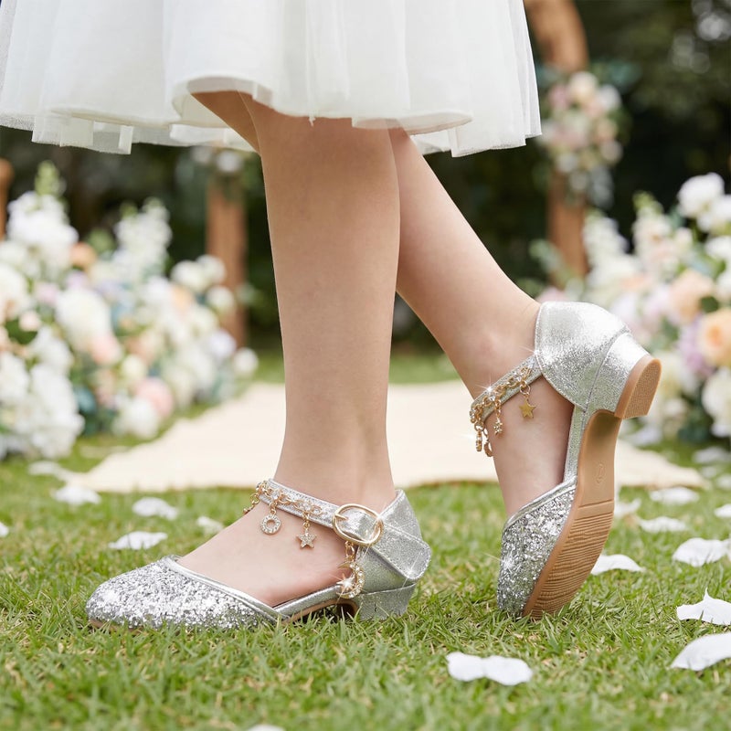 Stelle Girls High Heels Sequins Dress Sandals Princess Dress Shoes Flower Wedding Party Shoes(T20-Silver, 13ML) - Image 3