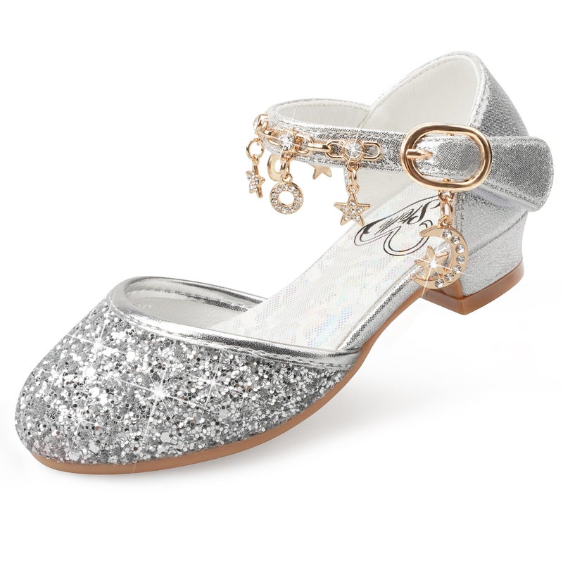 Stelle Girls High Heels Sequins Dress Sandals Princess Dress Shoes Flower Wedding Party Shoes(T20-Silver, 13ML) - Image 1