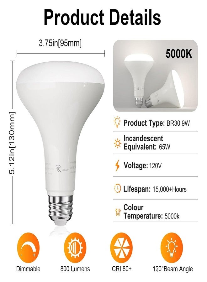TJOY LED Flood Light Bulb, Recessed Ceiling Bulb, BR30, 65W Equivalent Efficient 9W, Dimmable, E26, Daylight White 5000K, 10 Year, 800 Lumens, 80CRI, 4 Pack LED Ceiling Light for Kitchen, Living Room - Image 2