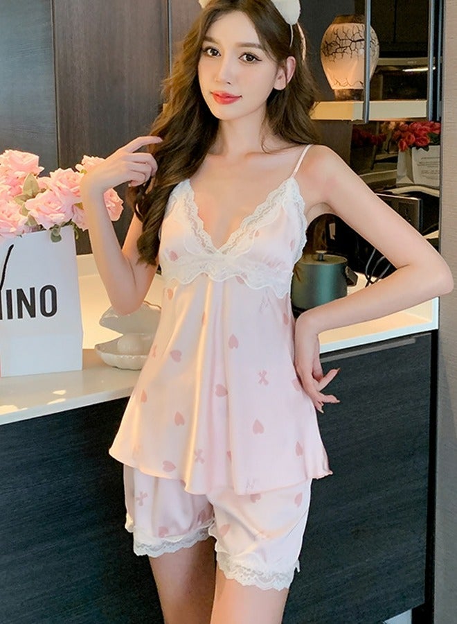 Loquat Women's Lace Stitching Printed 2-Piece Set Nightgown Sleepwear Camisole Top And Shorts Soft Loungewear Pajamas Suit Pale Pink  - Image 1