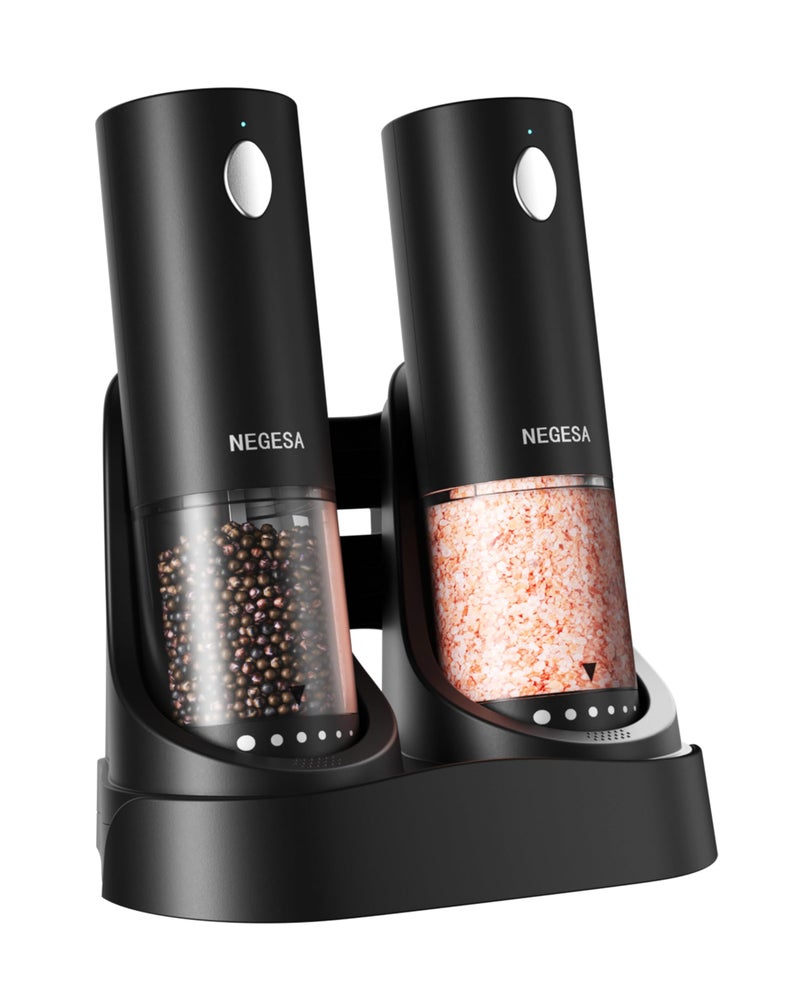 NEGESA Electric Salt and Pepper Grinder Set with Rechargeable Base Automatic Refillable Electric Salt and Pepper Shakers with Large Capacity LED Light Adjustable Coarseness Black - Image 2