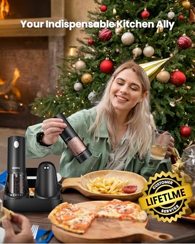 NEGESA Electric Salt and Pepper Grinder Set with Rechargeable Base Automatic Refillable Electric Salt and Pepper Shakers with Large Capacity LED Light Adjustable Coarseness Black - Image 3