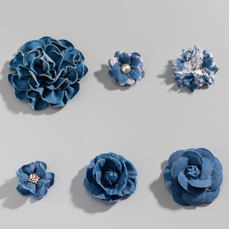 Silvora 6 PCS Denim Fabric Flower Shape Patch Setï¼ŒRibbon Fabric Flowers for Dressesï¼ŒDenim and Flower Decorations Crafts for Party (Dark Blue-1) - Image 1