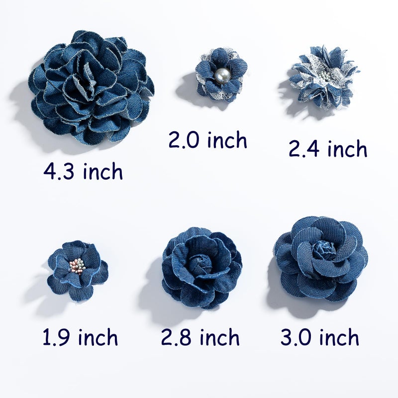 Silvora 6 PCS Denim Fabric Flower Shape Patch Setï¼ŒRibbon Fabric Flowers for Dressesï¼ŒDenim and Flower Decorations Crafts for Party (Dark Blue-1) - Image 2
