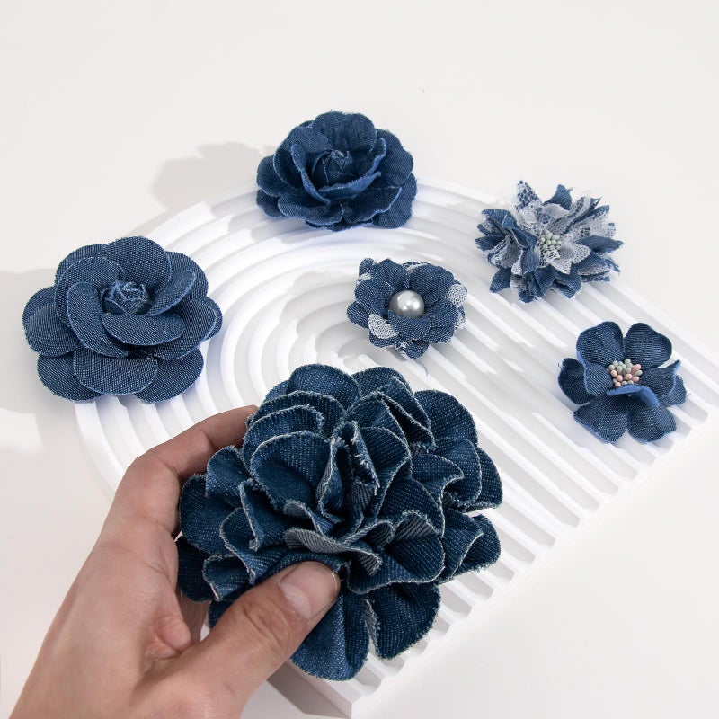 Silvora 6 PCS Denim Fabric Flower Shape Patch Setï¼ŒRibbon Fabric Flowers for Dressesï¼ŒDenim and Flower Decorations Crafts for Party (Dark Blue-1) - Image 3