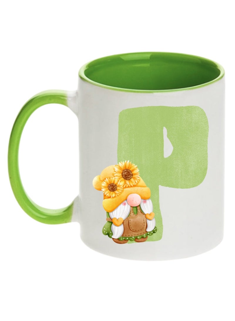Green Customized Alphabet Letter Coffee Mug with Sunflower Gnome Design, 11oz Two-Tone Ceramic Mug for Home, Office, Eid, Ramadan, Mother’s Day, Birthdays, Spring, Holidays & Gift Ideas (P)