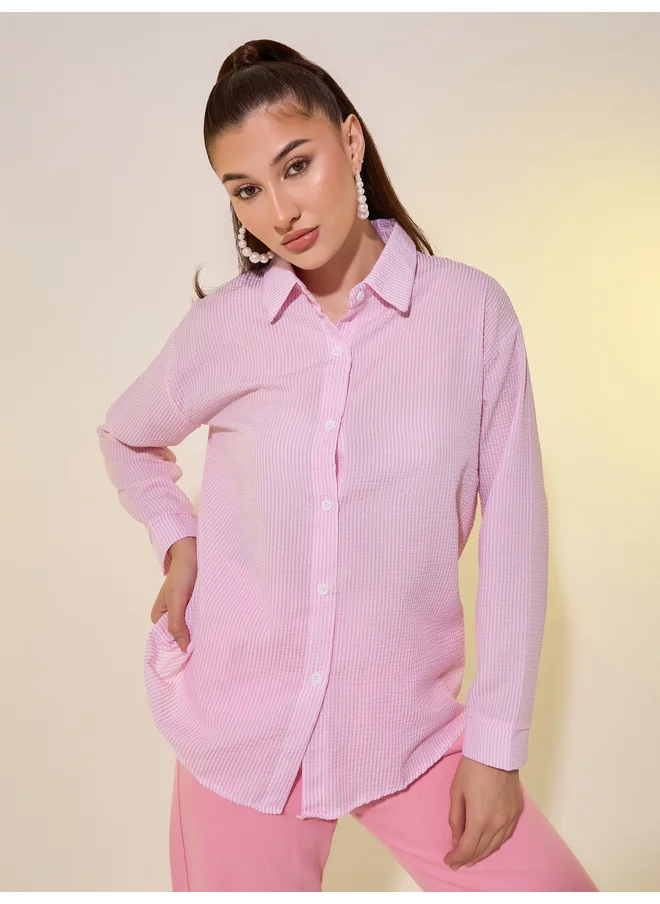 تايك تو Take Two Seer Sucker Striped Long Sleeve Oversized Shirt