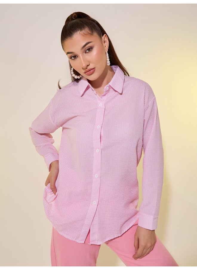 Take Two Take Two Seer Sucker Striped Long Sleeve Oversized Shirt  - Image 1