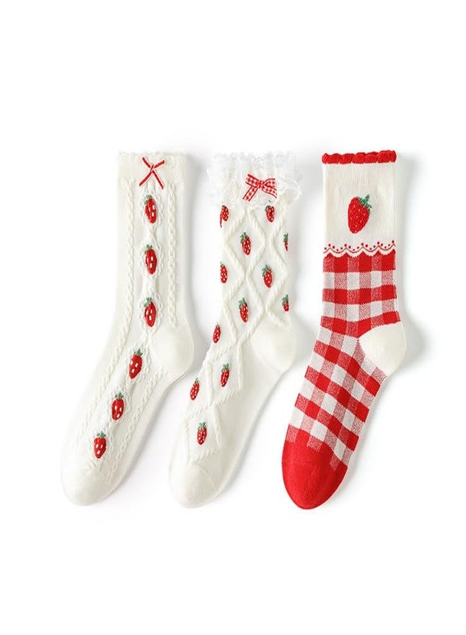 جيلوهو جوارب قطنية لطيفة بنقشة الفراولة والكرز للنساء والفتيات - جوارب فواكه جمالية مرحة ولطيفة لفصل الخريف (3 أزواج، مزينة بفيونكة دانتيل وكشكشة) - Image 3