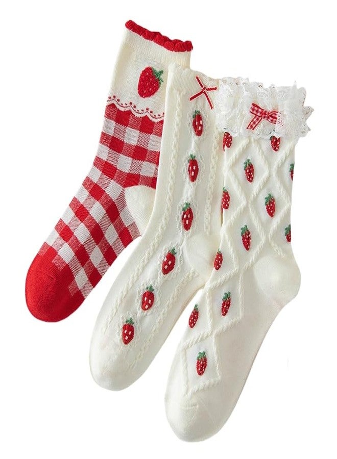 جيلوهو جوارب قطنية لطيفة بنقشة الفراولة والكرز للنساء والفتيات - جوارب فواكه جمالية مرحة ولطيفة لفصل الخريف (3 أزواج، مزينة بفيونكة دانتيل وكشكشة) - Image 1