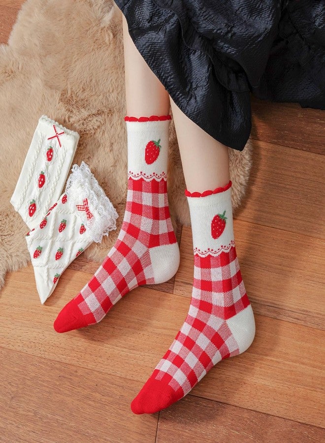 جيلوهو جوارب قطنية لطيفة بنقشة الفراولة والكرز للنساء والفتيات - جوارب فواكه جمالية مرحة ولطيفة لفصل الخريف (3 أزواج، مزينة بفيونكة دانتيل وكشكشة) - Image 2