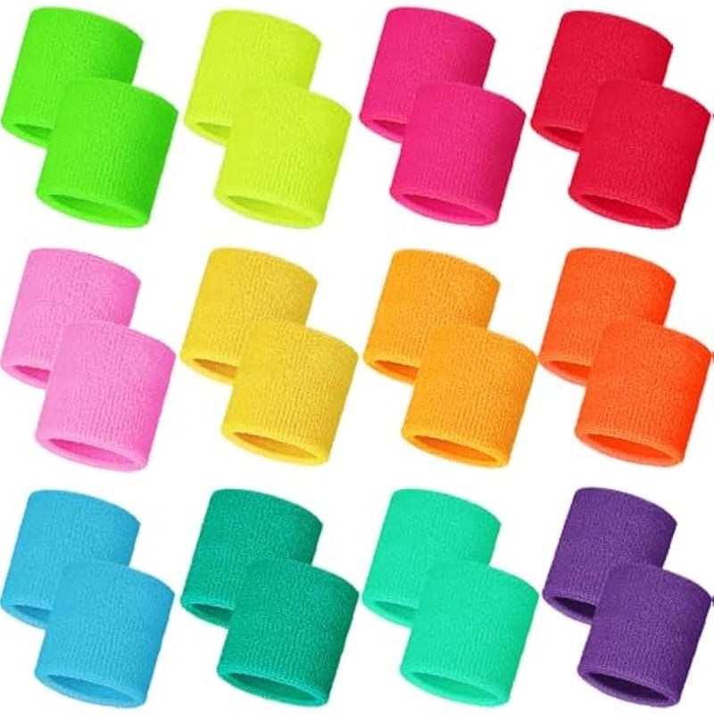 24 Pcs Neon Wristbands for Kids End of The Year Student Gifts Bulk Tennis Wrist Sweatbands 80s Neon Youth Basketball Wrist Bands for Boys Girls 90s Glow Party School Supplies - Image 1
