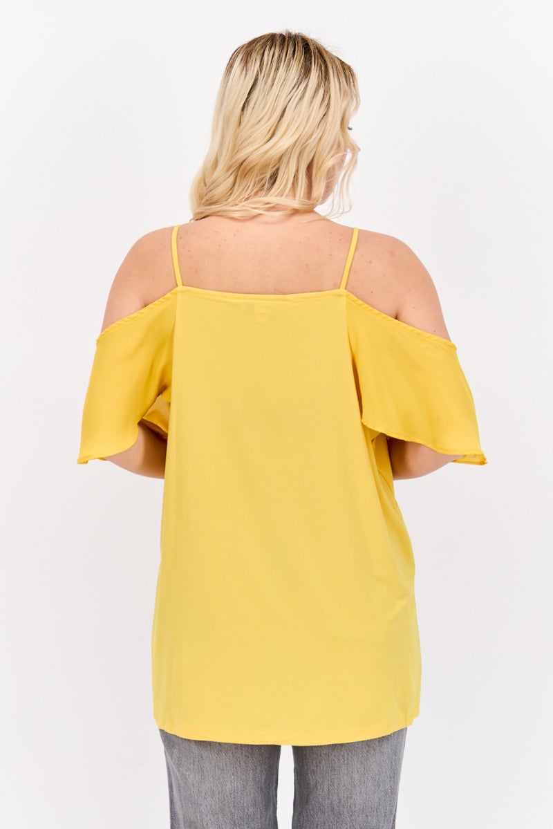 NINE WEST Women Square Neck Cold Shoulder Sleeve Plain Top, Sunset Yellow - Image 3