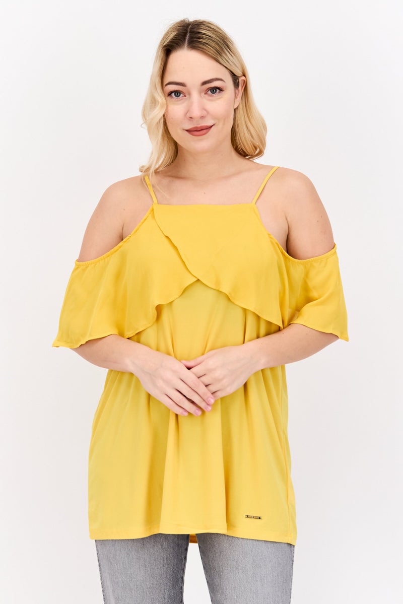NINE WEST Women Square Neck Cold Shoulder Sleeve Plain Top, Sunset Yellow - Image 1