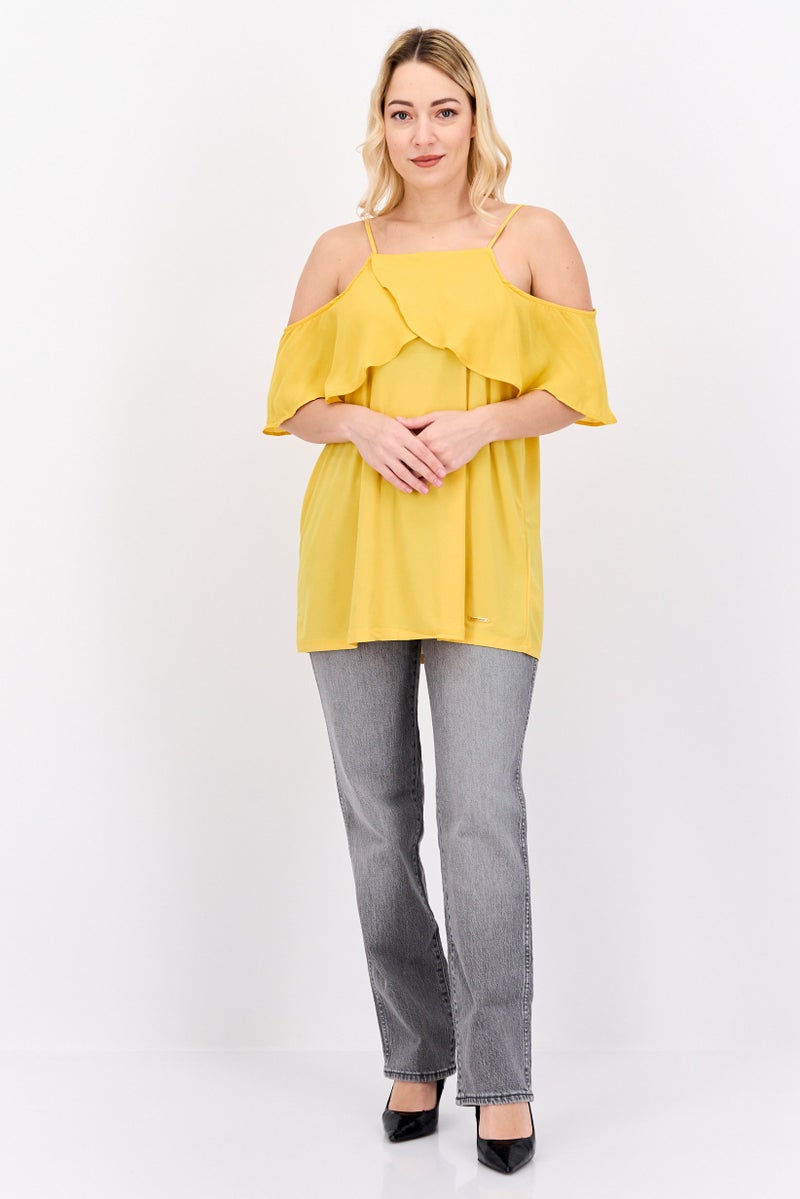 NINE WEST Women Square Neck Cold Shoulder Sleeve Plain Top, Sunset Yellow - Image 4
