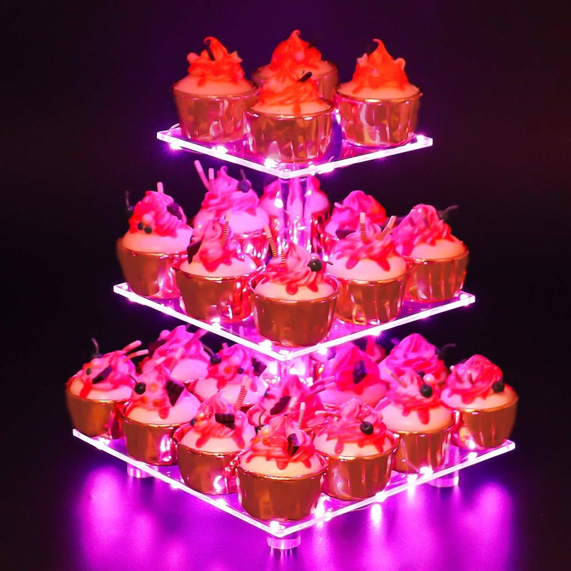YestBuy 3 Tier Square Cupcake Stand  Premium Cupcake Holder  Acrylic Cupcake Tower Display  3 Tier Acrylic Display for Pastry  LED Light String  Ideal for Weddings Birthday PartiesPink Light