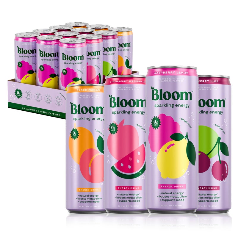 Bloom Nutrition Sparkling Energy Drink - Variety Pack - Natural Caffeine, Zero Sugar, 180mg Caffeine - Antioxidant-Rich with Green Coffee Bean, Green Tea Extract, Prebiotics - 12oz 12 Pack - Image 1