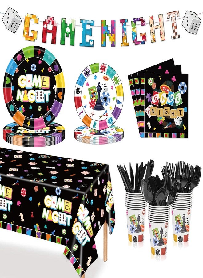 Hokoad 170Pcs Family Game Night Party Decorations Tableware, Disposable Game Night Decorations Plates Napkins Cup Banner Tablecloth, Board Games Party Decorations for Birthday, Serves 24 - Image 1