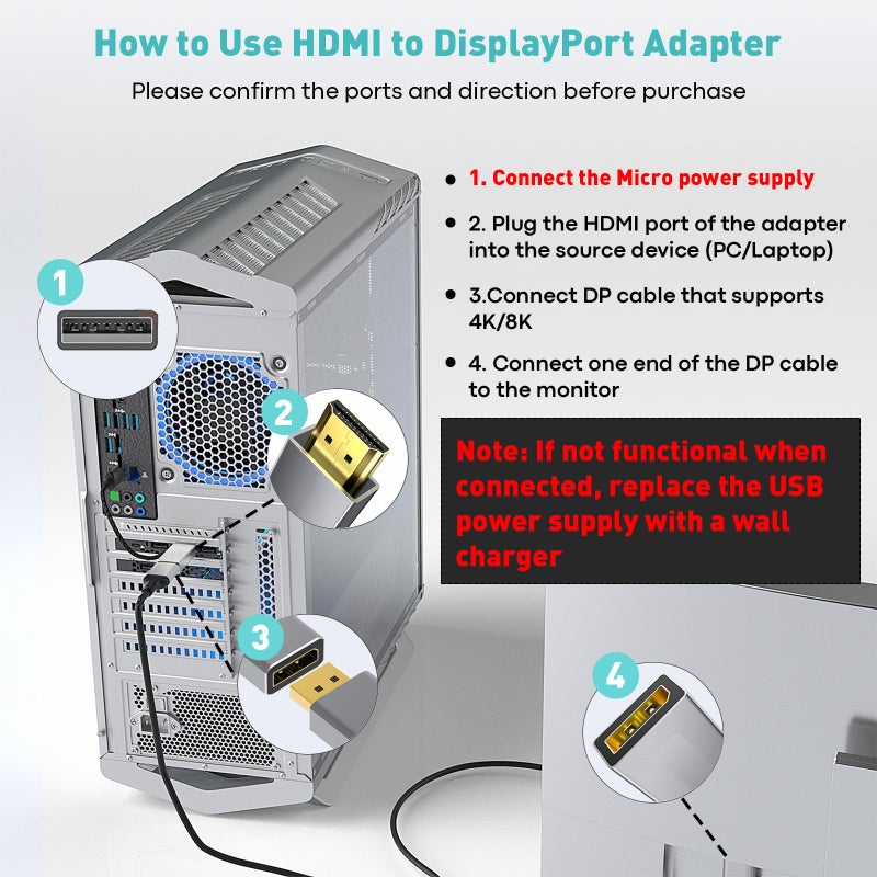 UANTIN HDMI to DisplayPort Adapter (4K 60Hz,1080p 120Hz) Uni-Directional Only, HDMI (Source) to DP (Display) Converter Male to Female for Laptop,AMD,NVIDIA,PS5,Xbox and More - 1 Pack - Image 4