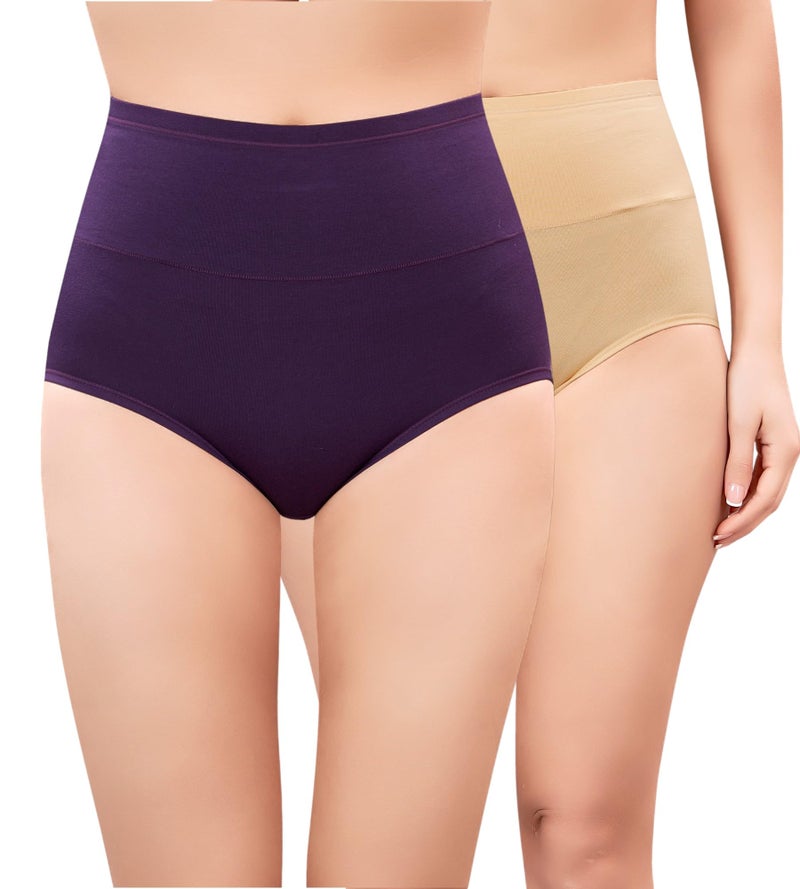 PLUMBURY Women High Waist Cotton Underwear Full Brief Panty, Size M to XXL (Pack of 2 Panty) Beige/Purple - Image 1