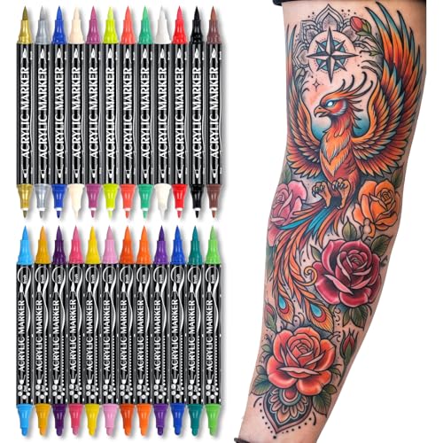IJIANG Temporary Tattoo Markers for Skin 24Count Colors DualEnd Acrylic Body Markers Pens SkinSafe Waterproof Tattoo Pen Kit Quick Dry Long Lasting Face Painting Kit for Adults Teens Kids - Image 1