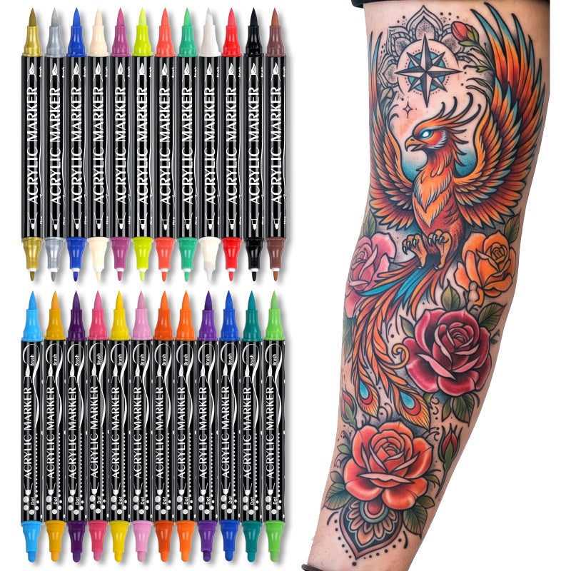 IJIANG Temporary Tattoo Markers for Skin 24Count Colors DualEnd Acrylic Body Markers Pens SkinSafe Waterproof Tattoo Pen Kit Quick Dry Long Lasting Face Painting Kit for Adults Teens Kids - Image 3