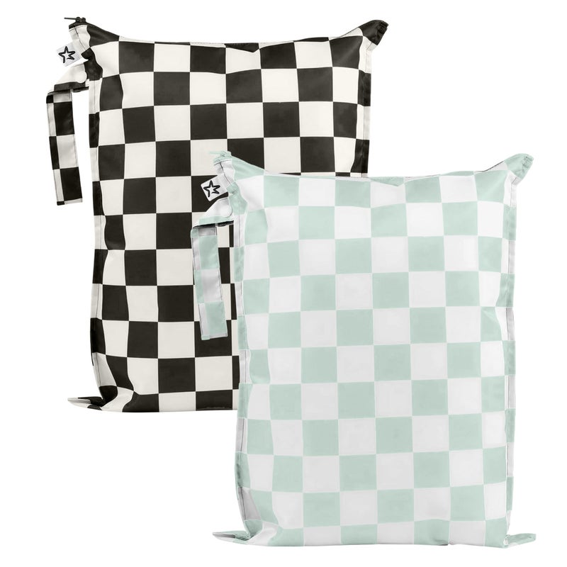 Tiny Twinkle Wet Dry Bag - 2 Pack Reusable Waterproof & Mess Proof Wet Bags for Swimsuits & Travel, Baby Towels & Beach Essentials,a Diaper Bag Must-Have(Black, Green Checkers) - Image 1