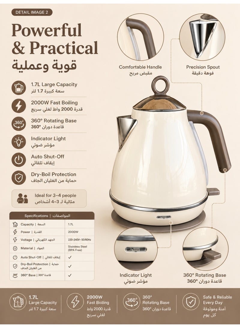 Three sheep Electric Tea Kettle, 1.7L Hot Water Boiler Heater Pot, Retro Small Electric Kettle, 100% Stainless Steel BPA Free Electric Teapot, Auto Shut-Off & Boil-Dry Protection - Image 3