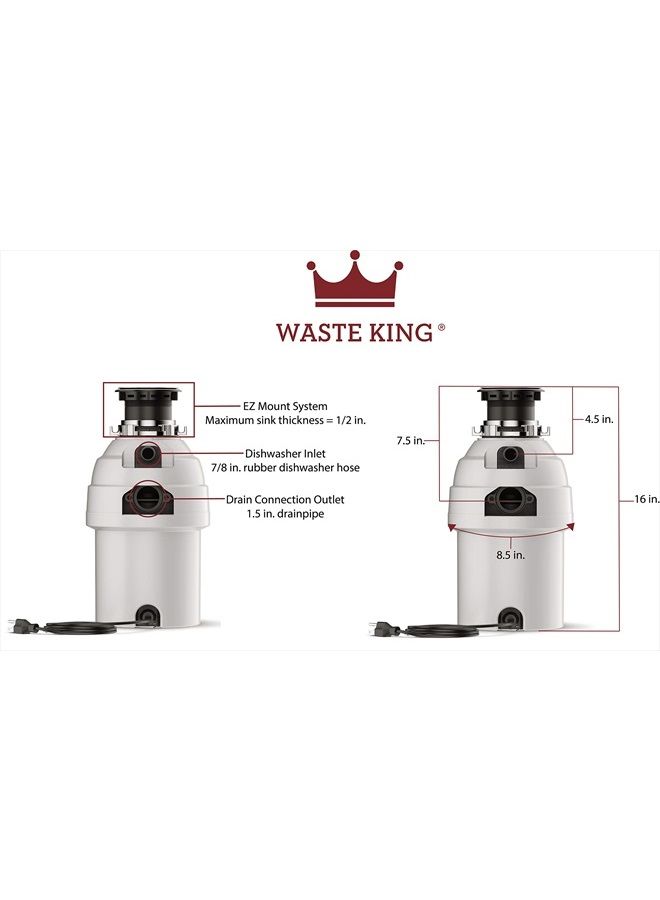 Waste King Legend Series 1 HP Continuous Feed Garbage Disposal with Power Cord - (L-8000), Silver - Image 4