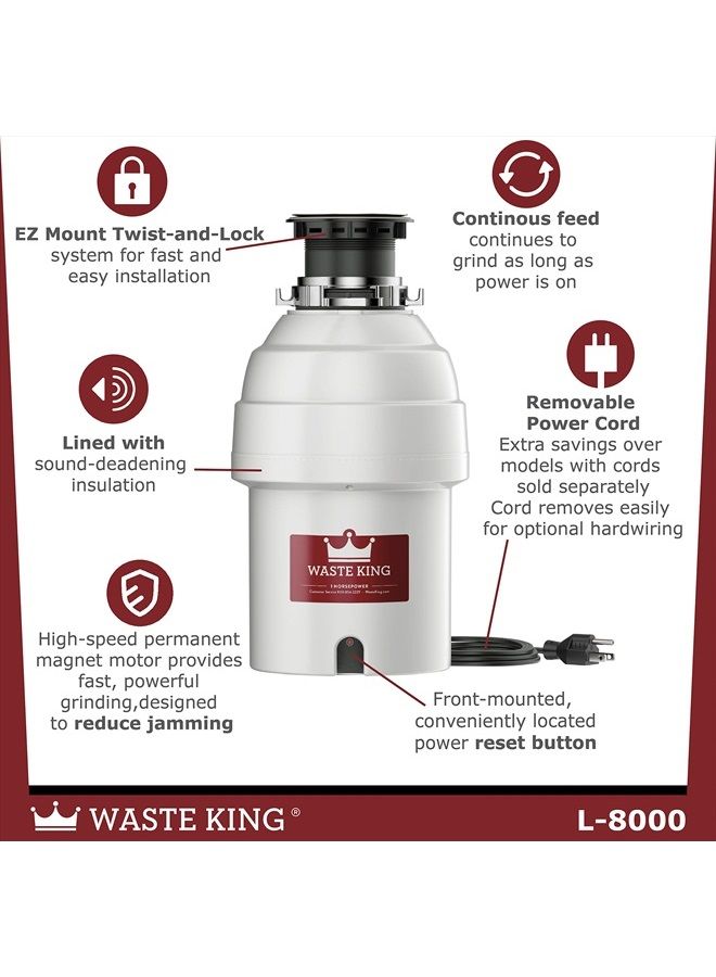 Waste King Legend Series 1 HP Continuous Feed Garbage Disposal with Power Cord - (L-8000), Silver - Image 5