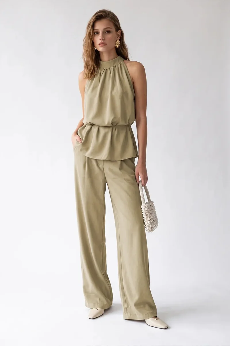 ميكسراي MIXRAY Halter Blouse And Wide-leg Pants Set