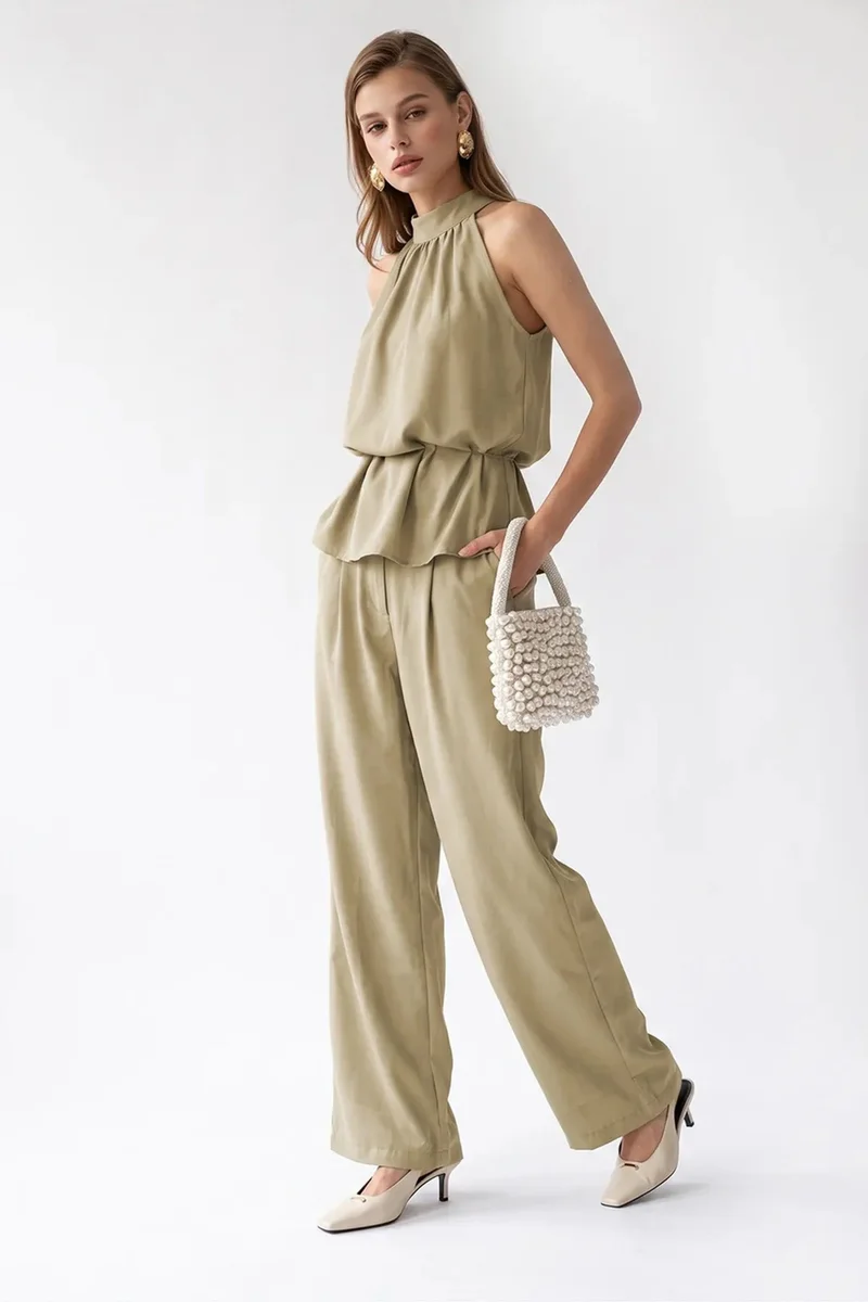 ميكسراي MIXRAY Halter Blouse And Wide-leg Pants Set