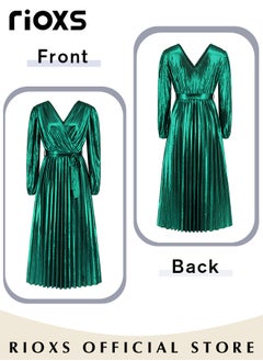 Women's Charming Bright Green Pleated Dress Waist Wrap Slimming Long-sleeved Evening Dress Party Elegant Dress for Ladies - pzsku/Z4CDE5A7FFE8C84AF642FZ/45/_/1720665823/09aa17ec-4991-4eae-9e04-00af5391a1f3