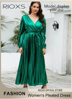 Women's Charming Bright Green Pleated Dress Waist Wrap Slimming Long-sleeved Evening Dress Party Elegant Dress for Ladies - pzsku/Z4CDE5A7FFE8C84AF642FZ/45/_/1725874333/d734b2e9-61d0-466b-9571-5ed875ff654e