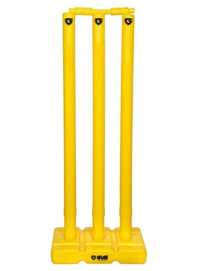 GLS Heavy Duty Plastic Cricket Stump Set - 3 Stump + 2 Bails + 1 Stand, Yellow - Image 1