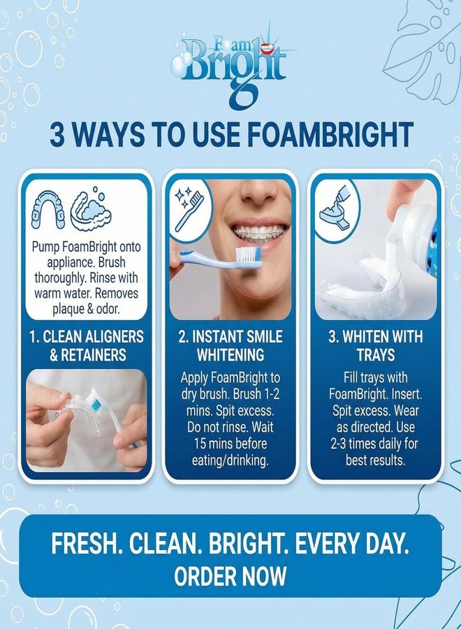 بليتش برايت منظف أجهزة تقويم الأسنان FoamBright (عبوتان) + 10 مناديل مبللة لتبييض الأسنان | مثالي لأجهزة Invisalign وCandid وByte وواقيات الأسنان الليلية والفموية | رغوة خالية من البيروكسيد | أكثر من 240 استخدامًا - Image 3