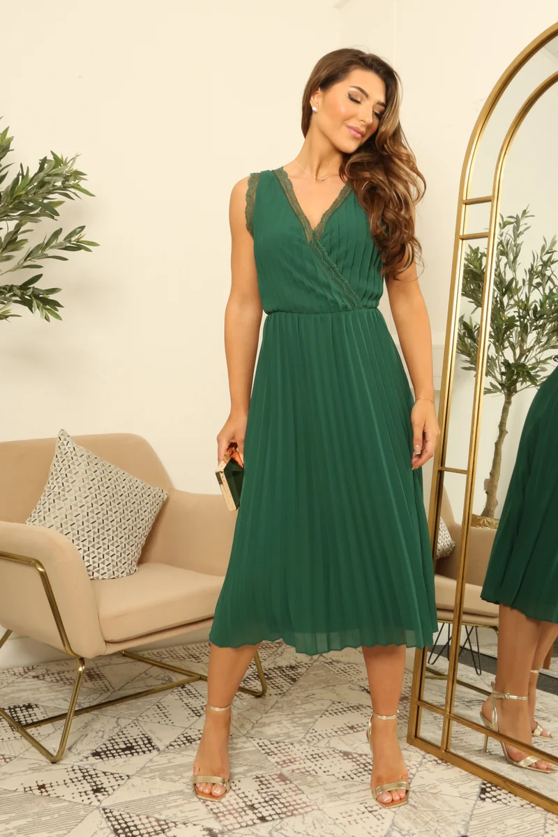 ثانية مزدوجة فستان شيفون ميدي بكسرات وربطة أمامية ودانتيل أخضر داكن بدون أكمام