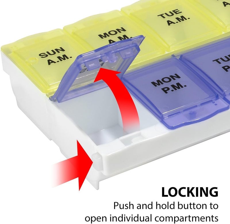 EZY DOSE Weekly 14-Day Daily Pill Organizer with Locking Compartments - Purple and Green - Image 2