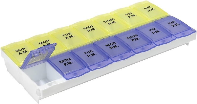 EZY DOSE Weekly 14-Day Daily Pill Organizer with Locking Compartments - Purple and Green - Image 1