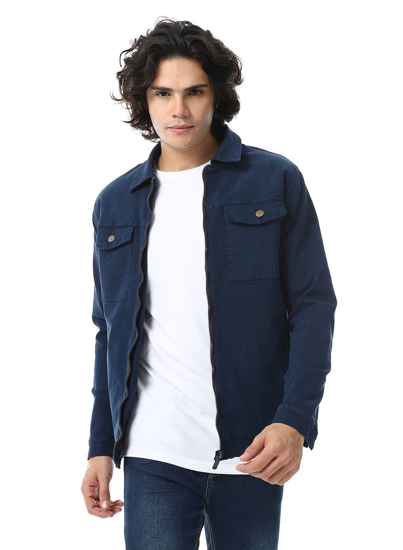 Andora Turn Down Collar Padded Gabardine Jacket_Navy Blue - Image 1