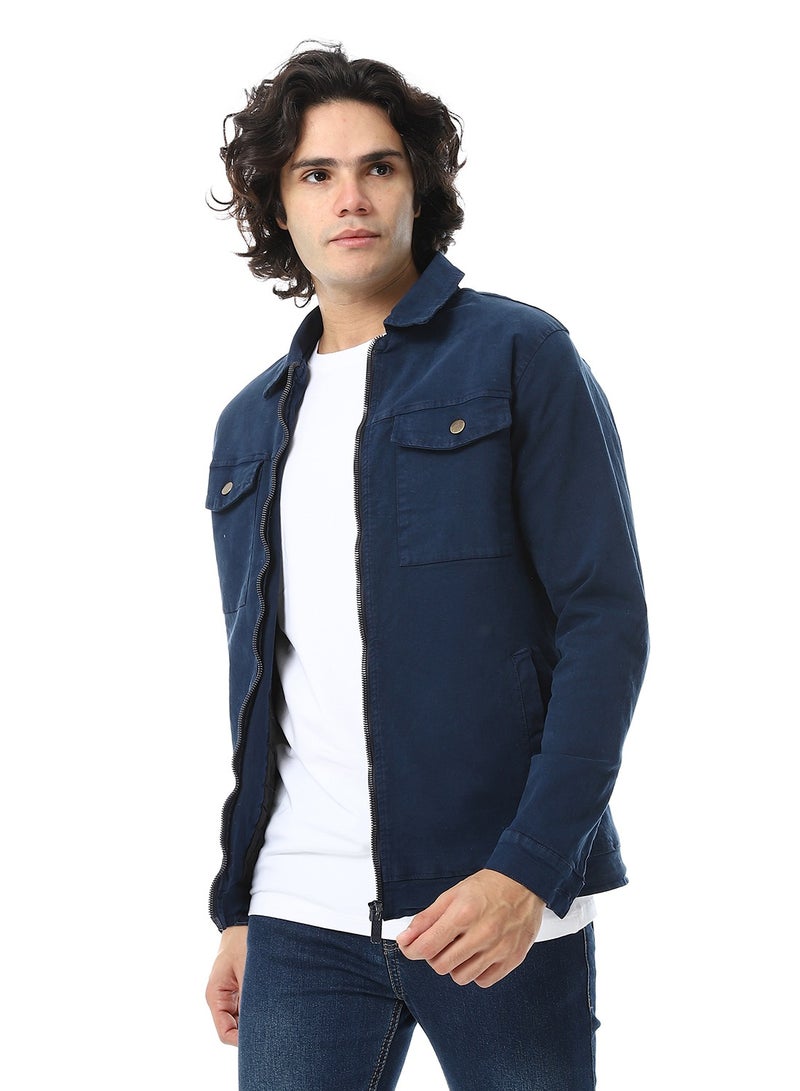 Andora Turn Down Collar Padded Gabardine Jacket_Navy Blue - Image 2